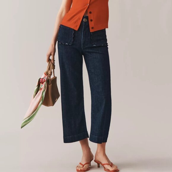 Anthropologie Maeve The Colette Scallop-Pocket Crop Wide-Leg Jeans 28T NWT 28 T - Picture 2 of 7